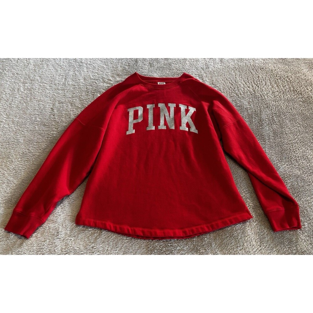 VICTORIAS SECRET PINK ,GLITTER ,LONG SLEEVE OVERSIZE CREW NECK TEE SHIRT Med Red